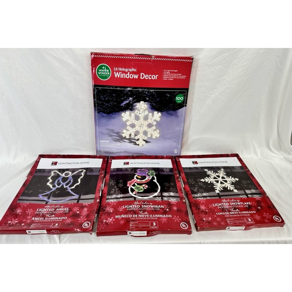 Lot Of 4 Indoor/Outdoor Lighted Christmas Displays Snowflakes Angel Snowman